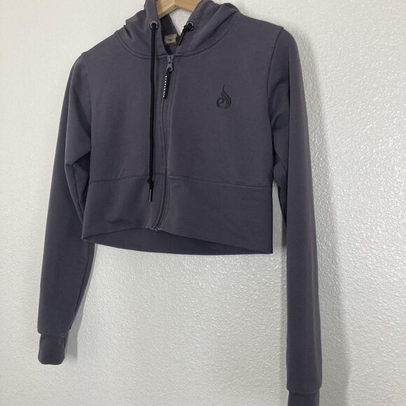 Ryderwear Hoodie Womens Medium Gray Cropped Zip Up Logo Athleisure Gym Workout - Picture 2 of 13